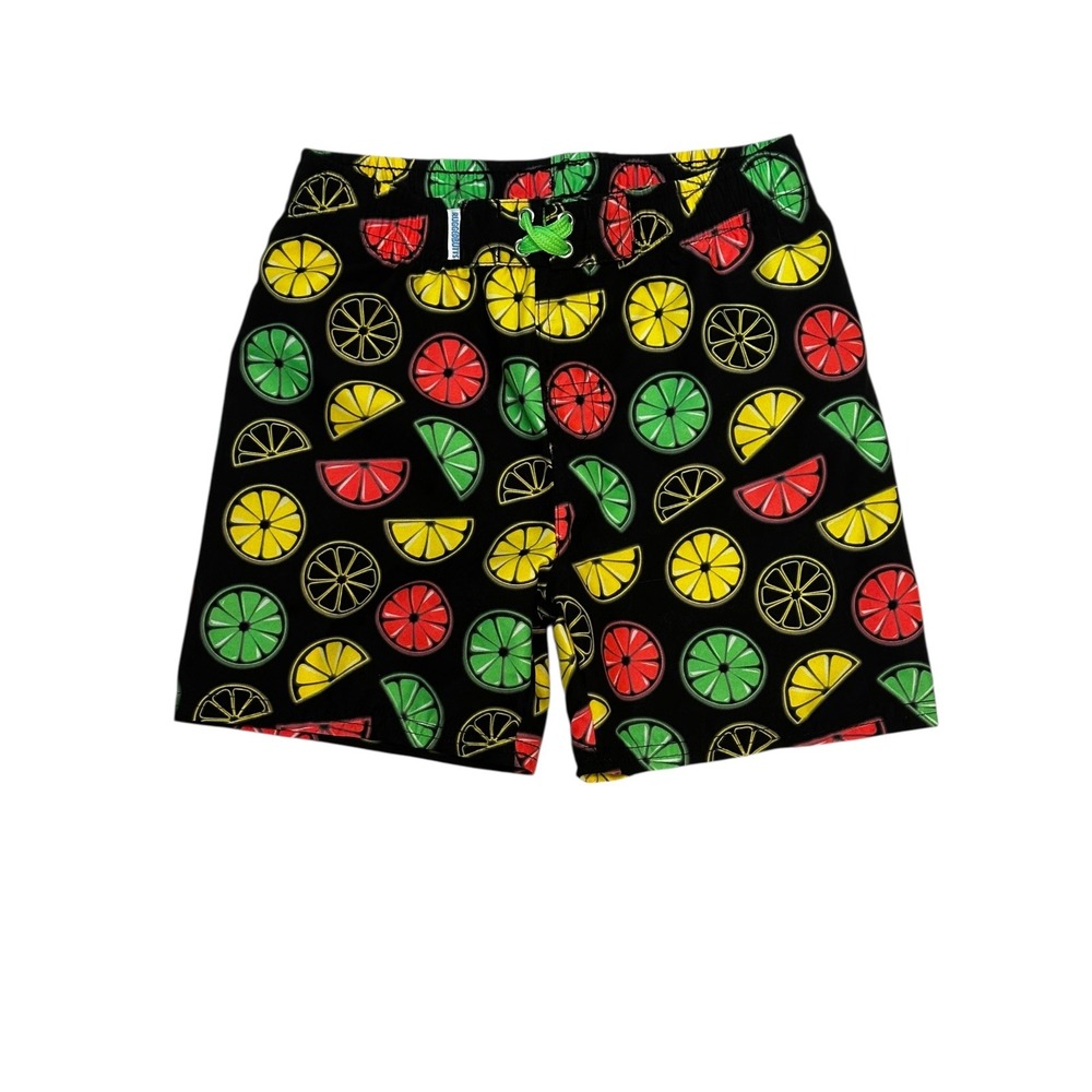 RuggedButts Swim Trunks Boys Size 5 Black Citrus Fruit Print Mesh Lined Shorts